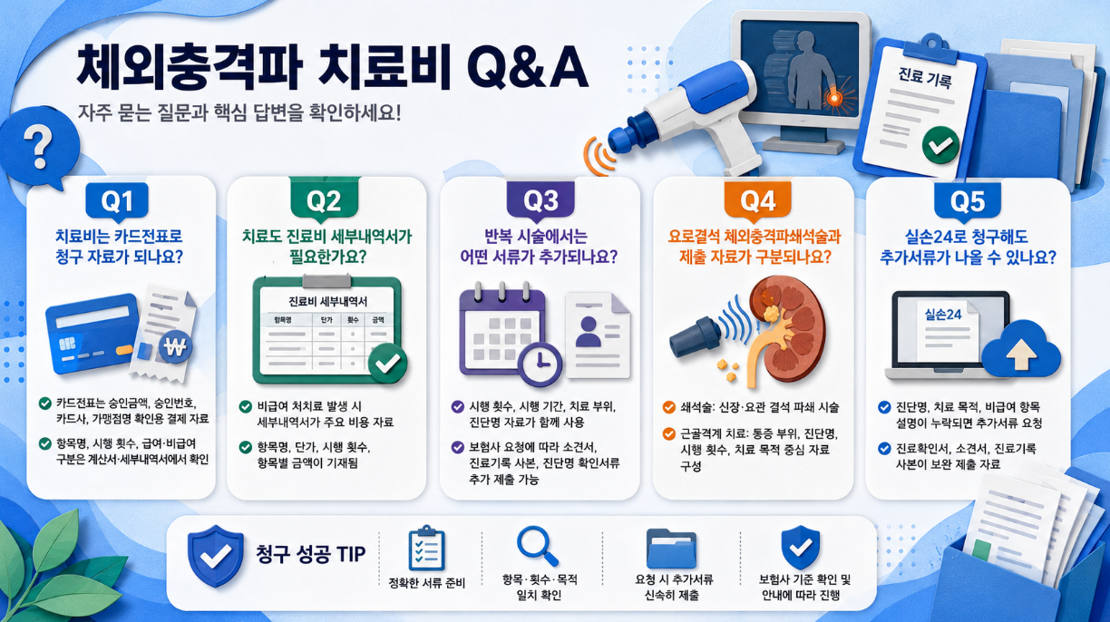 7. 체외충격파 치료비 실손 청구 관련 자주 묻는 질문을 정리한 페이퍼아트 스타일 Q&amp;A 인포그래픽