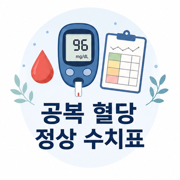 혈당 측정기와 수치표 카드로 표현한 공복 혈당 정상 수치표