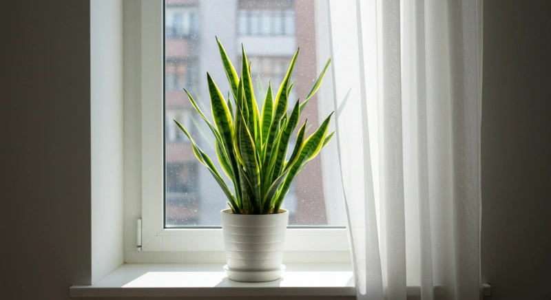 창가에 놓여져 있는 공기정화식물 산세베리아 모습