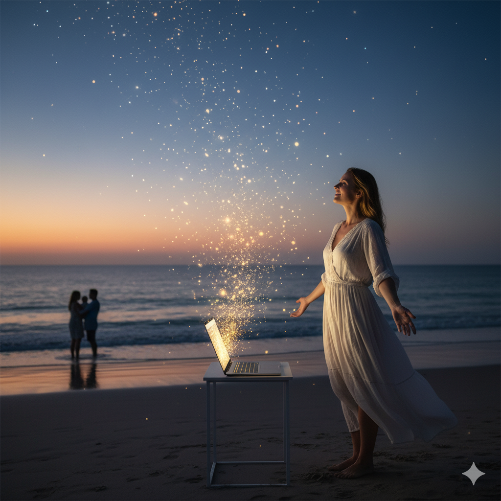 밤바다를 배경으로 여성의 글이 빛이 되어 세상으로 퍼져나가는 모습