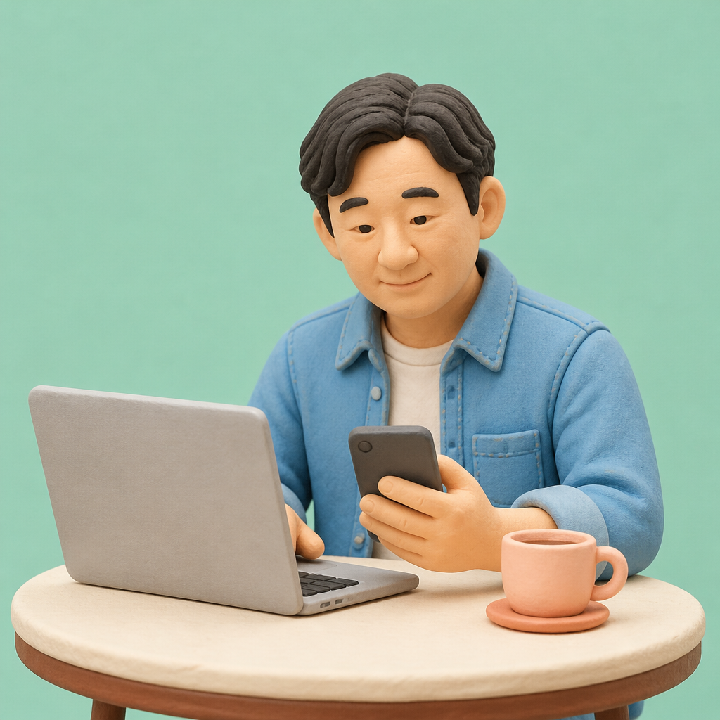 카페 테이블에서 노트북과 휴대폰을 함께 쓰는 40대 남성