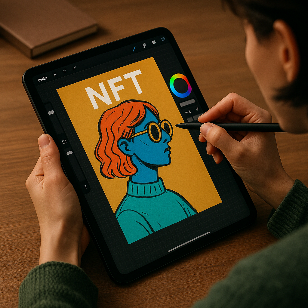 디지털 화가가 태블릿에서 NFT 아트를 제작하고 있는 모습