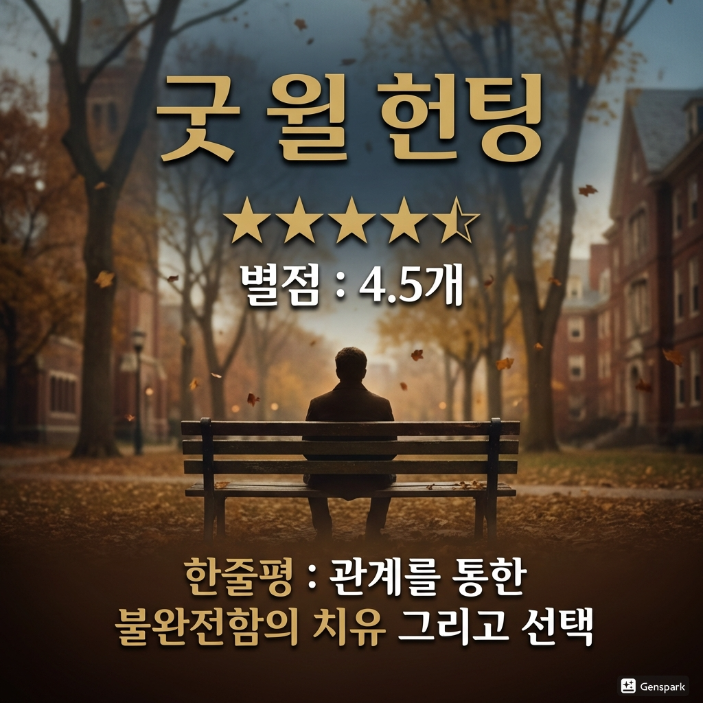 가을에 남성 1명이 밴치에 앉아 있는 배경 사진, 영화제목:굿 윌 헌팅, 별점. 한줄평이 삽입되어 있음