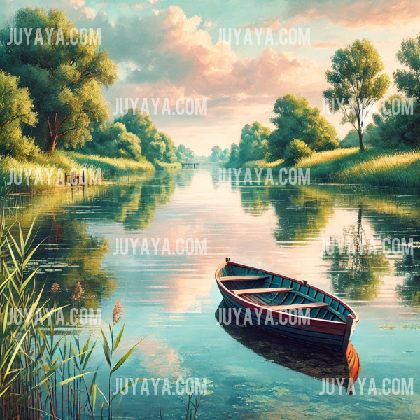 잔잔한 강물 위에 떠 있는 나룻배&amp;#44; 주변의 푸른 자연과 물 위에 비친 하늘이 조화로운 고요한 풍경