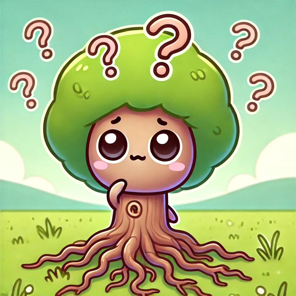 귀여운 만화 스타일의 나무가 고민하는 표정을 짓고 있으며, 뿌리를 어디로 내릴지 망설이고 있다.