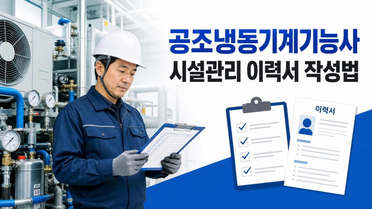 공조냉동기계기능사 합격 후 시설관리 이력서 작성 방법을 안내하는 이미지