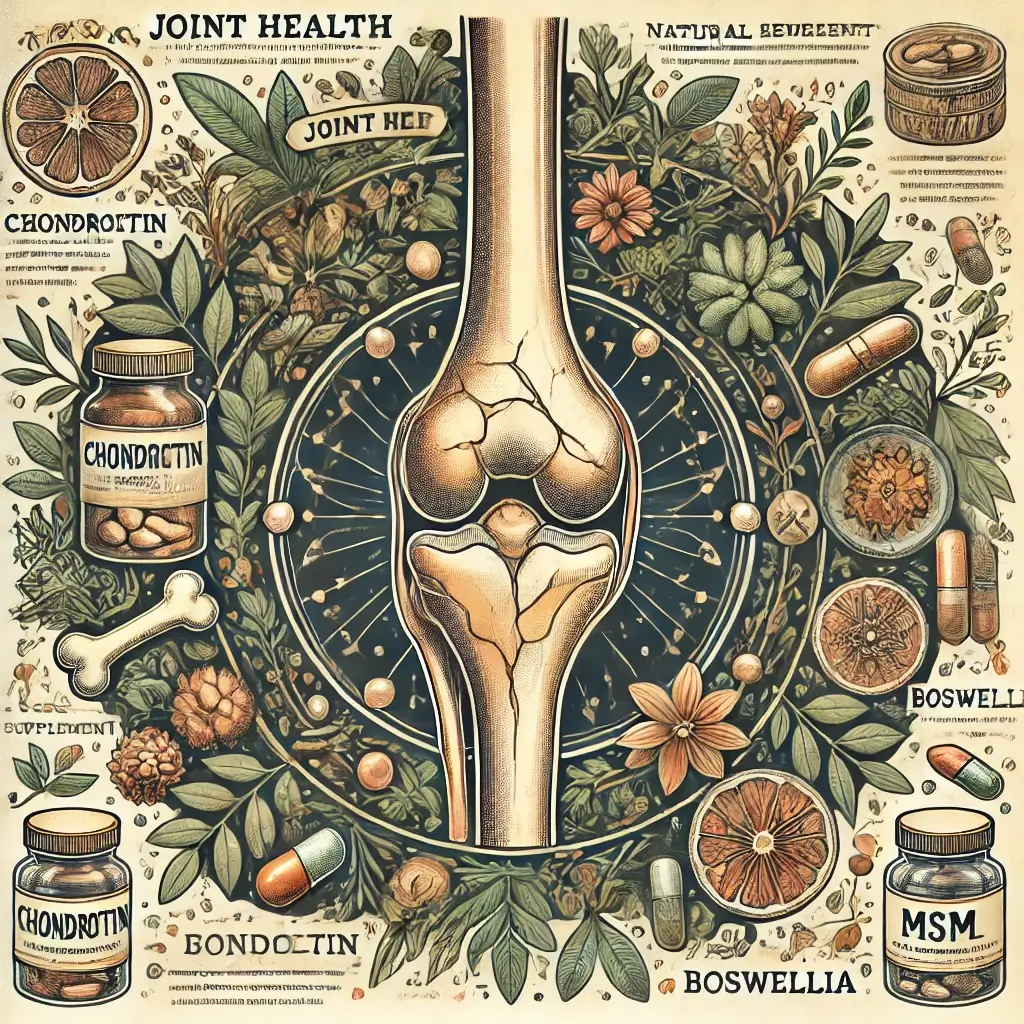 관절 건강에 도움이 되는 성분을 나타낸 이미지 (Boswellia, Chondroitin, MSM 등)