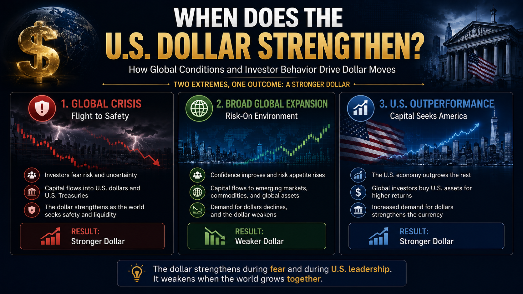 Infographic showing when the U.S. dollar strengthens during risk-off environments and U.S. economic leadership.