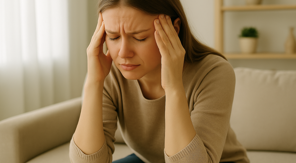 소파에 앉아 스트레스로 관자놀이를 누르며 힘들어하는 여성