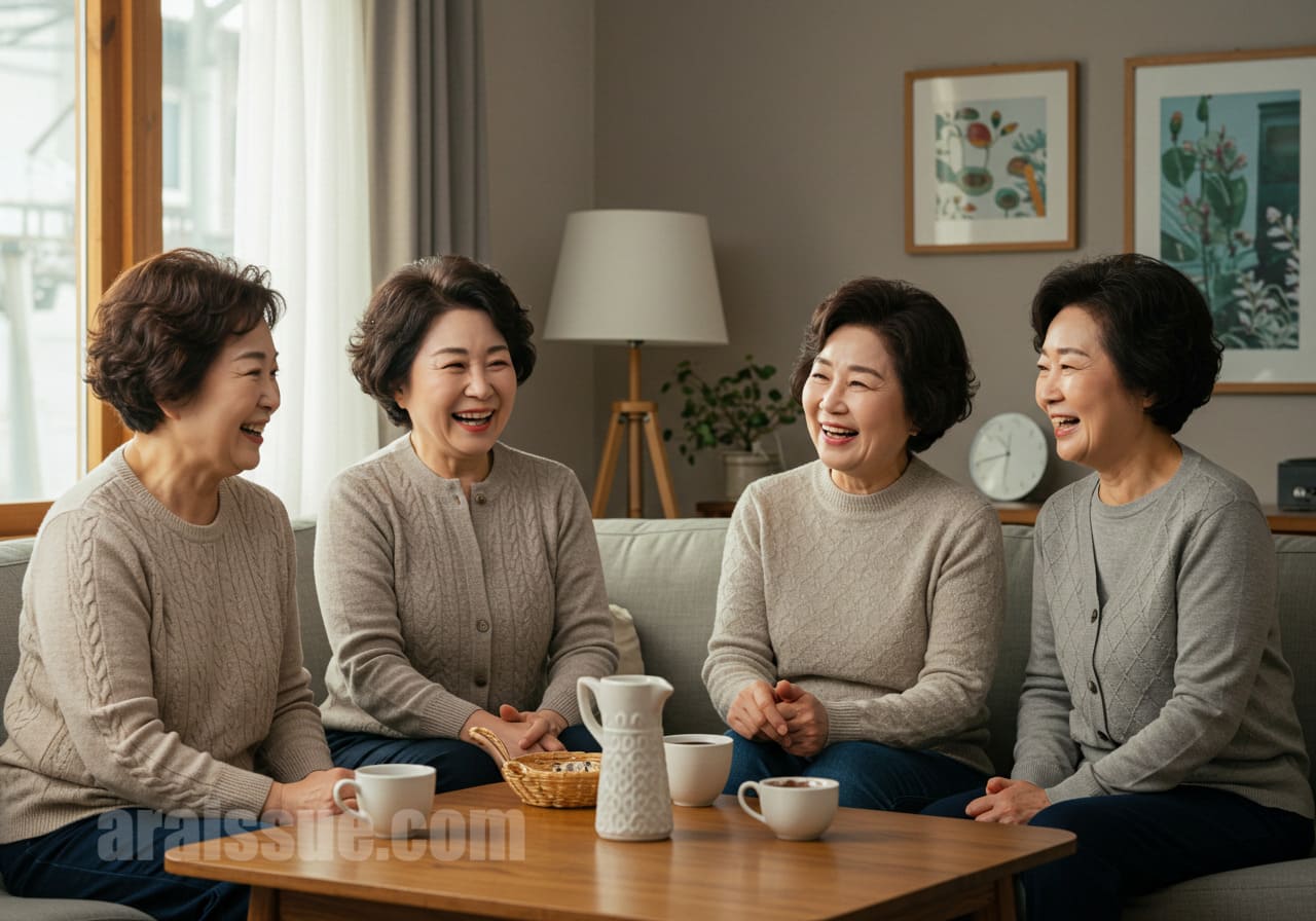 네 명의 중년 한국 여성들이 편안한 분위기 속에서 즐겁게 대화하고 있습니다. 그들은 서로 웃으며 친밀한 관계를 나누고 있어 보입니다. 이 이미지는 혼자 있기보다는 가족이나 친구들과 함께 시간을 보내는 것이 좋다는 메시지를 전달하고 있습니다."
