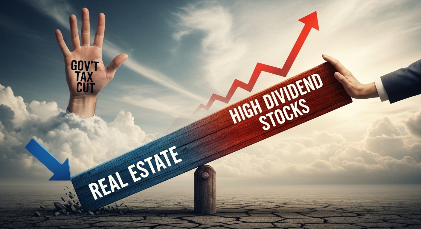 '부동산(하락세)'과 '고배당주(은행/증권, 상승세)'가 그려진 시소(seesaw) 이미지