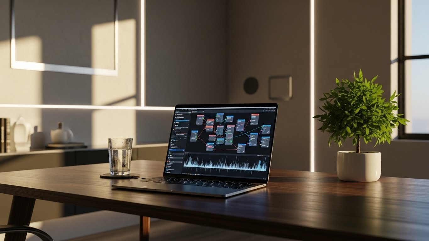 2026년 미래형 비즈니스의 핵심인 AI 에이전트 자동화 워크플로우 대시보드가 켜진 오피스 모습