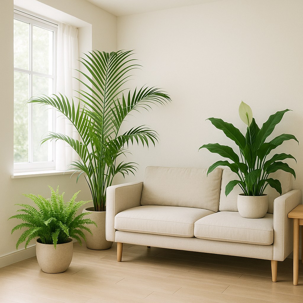 거실에 있는 큰 아레카야자와 스파티필름, 보스턴고사리가 배치된 밝고 쾌적한 실내 공간