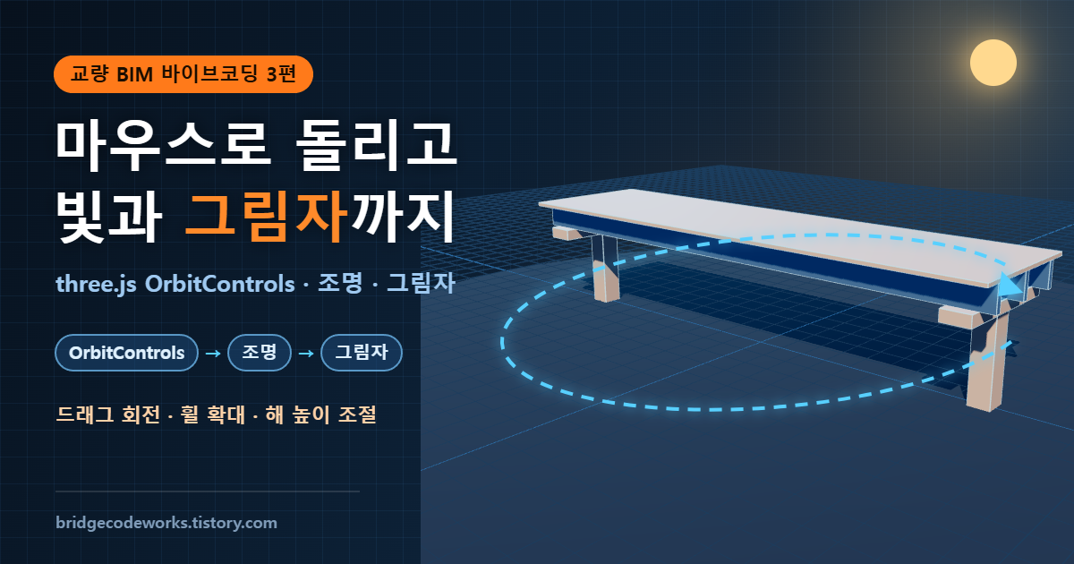 three.js OrbitControls 조명 그림자 교량 모델 교량 BIM 바이브코딩 3편 대표 이미지