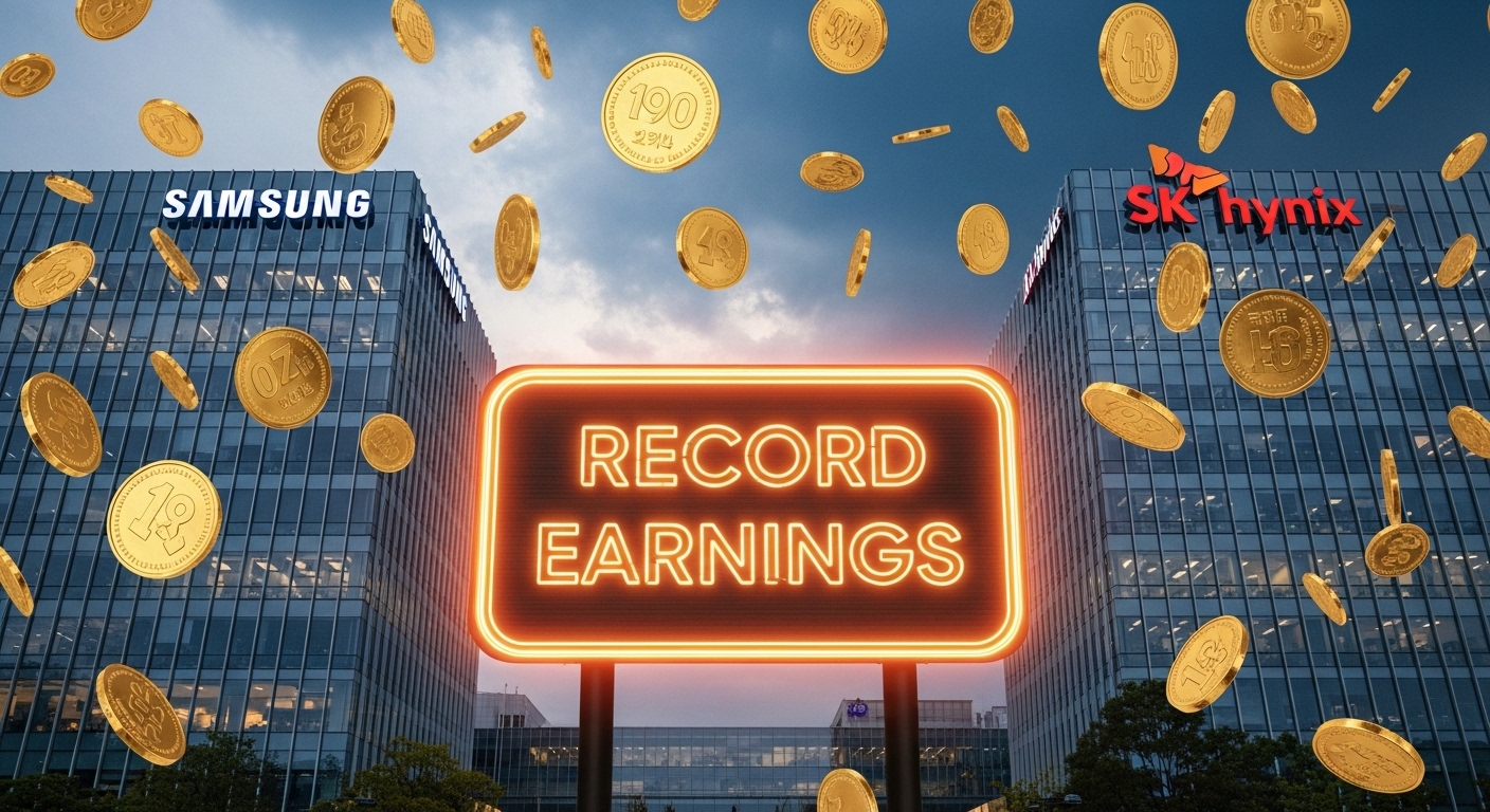 Golden coins raining down on Samsung Electronics and SK Hynix headquarters, with a glowing 'Record Earnings' neon sign.
