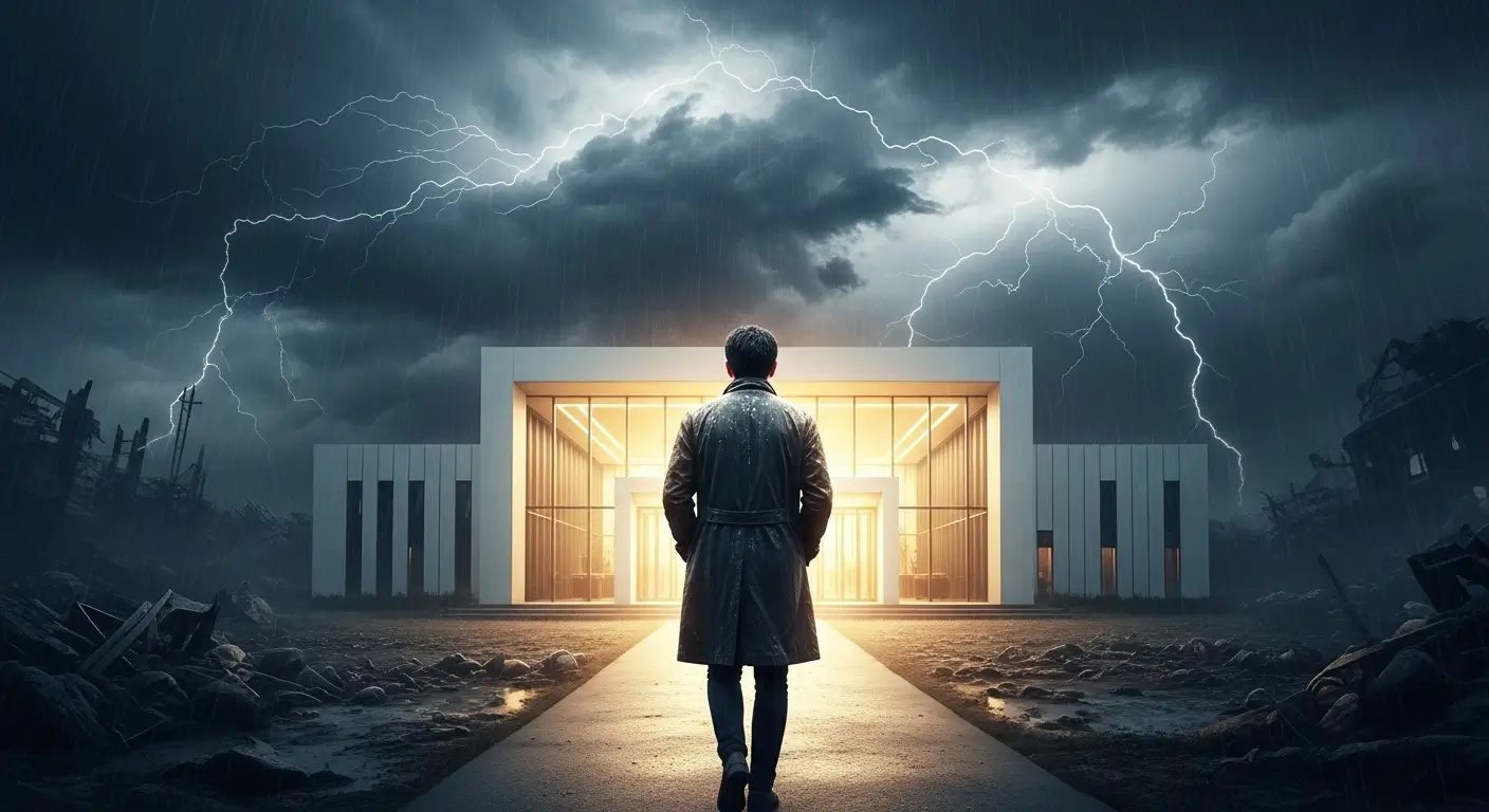 불법 사금융의 어두운 골목을 뒤로하고 안전한 정부 지원 센터로 걸어가는 사람의 뒷모습