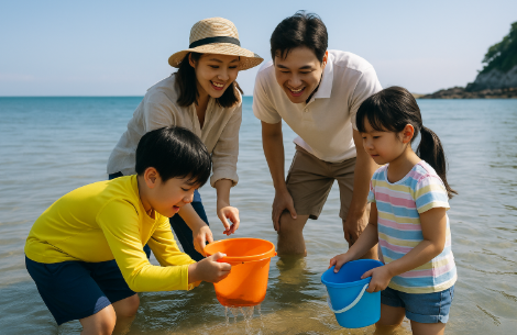 바다에서 해양 생물 채집 체험을 하고 있는 가족