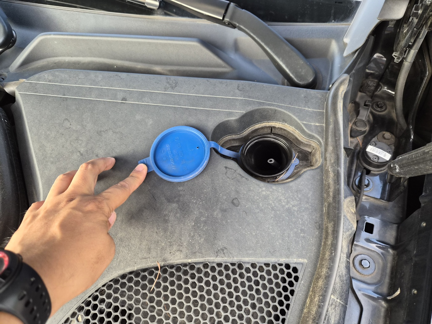 벤츠 E220d AMG Line 보닛 내부 워셔액 탱크, 파란색 캡을 열어 리저브 탱크 주입구가 드러난 상태