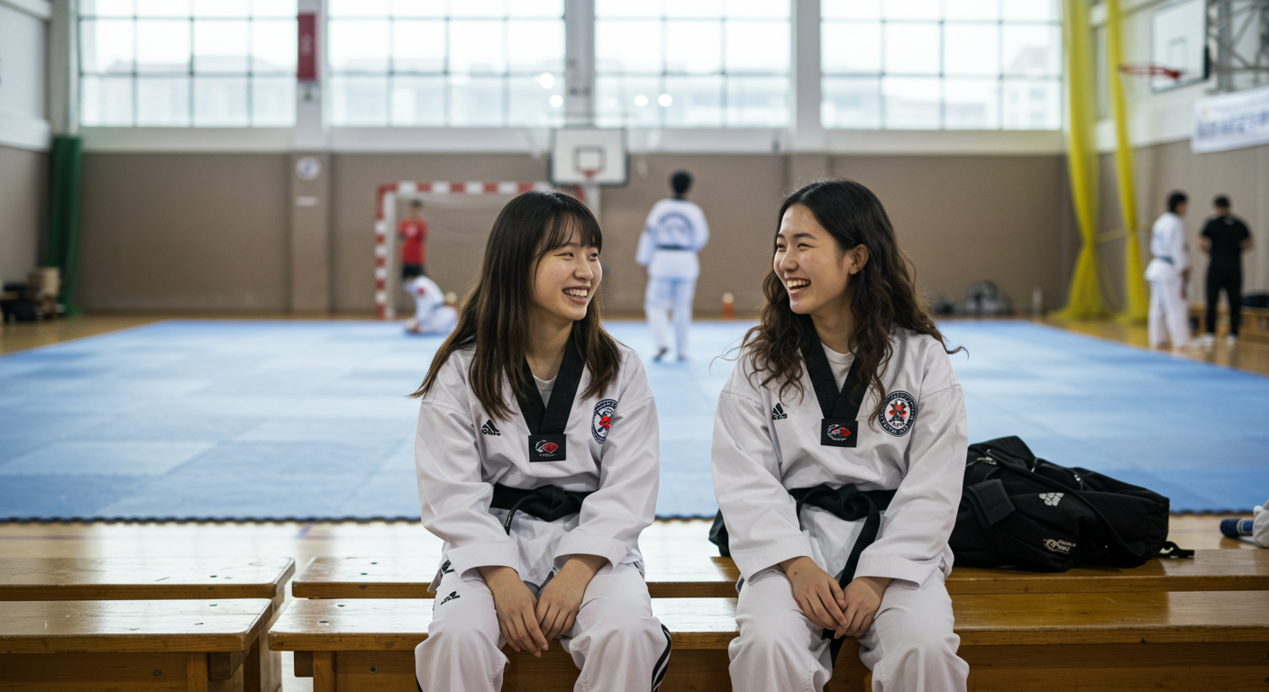 태권도장에서 이야기를 나누며 웃고있는 두 여자 어린이들.