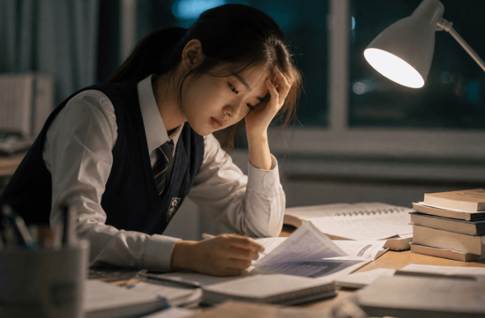 책상에 앉아 자료 보고 있는 학생