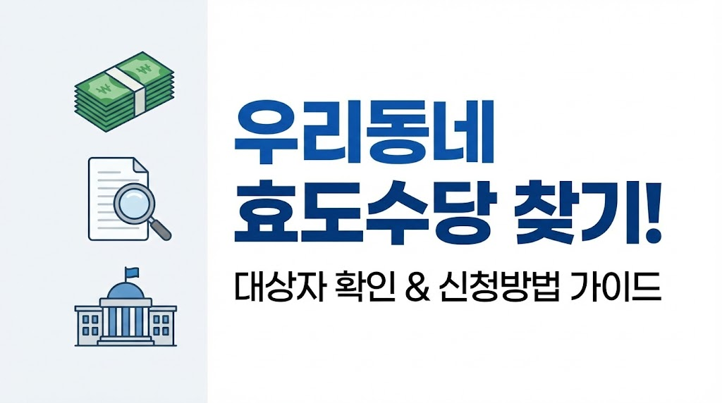 돈, 서류, 관공서 아이콘을 사용하여 내 지역의 효도수당을 찾는 방법을 직관적으로 보여주는 인포그래픽 이미지