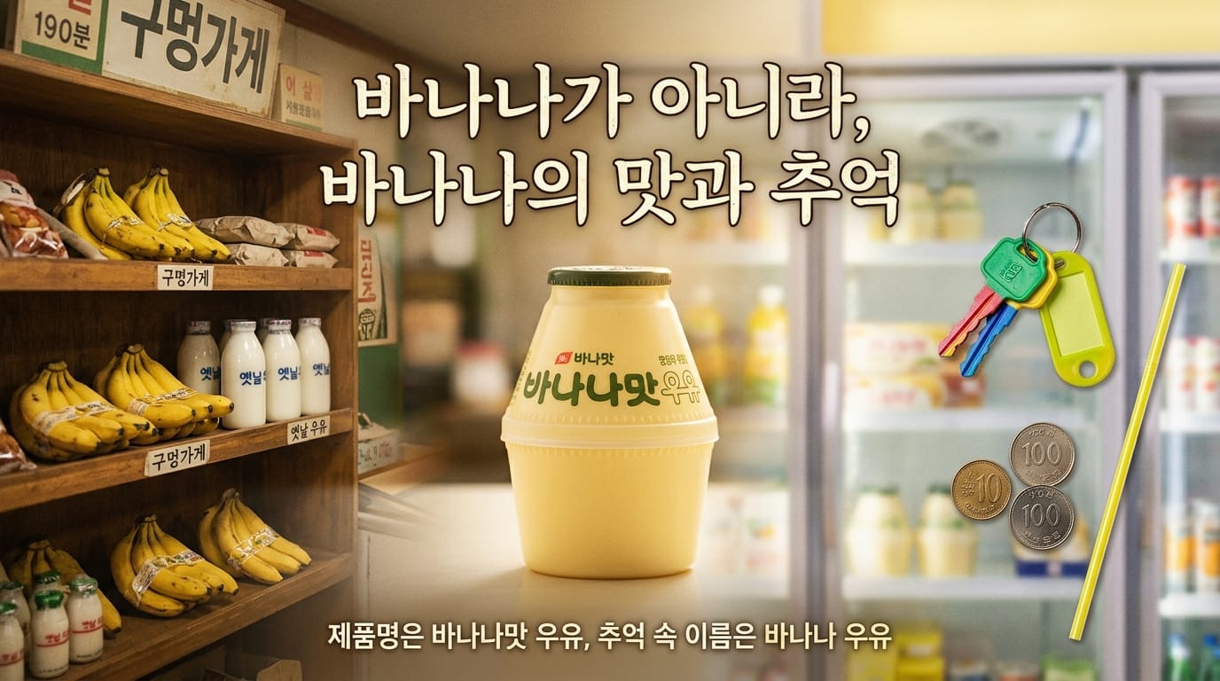 바나나맛우유의 맛과 소비자 기억을 1970년대 슈퍼와 현대 편의점 장면으로 보여주는 이미지