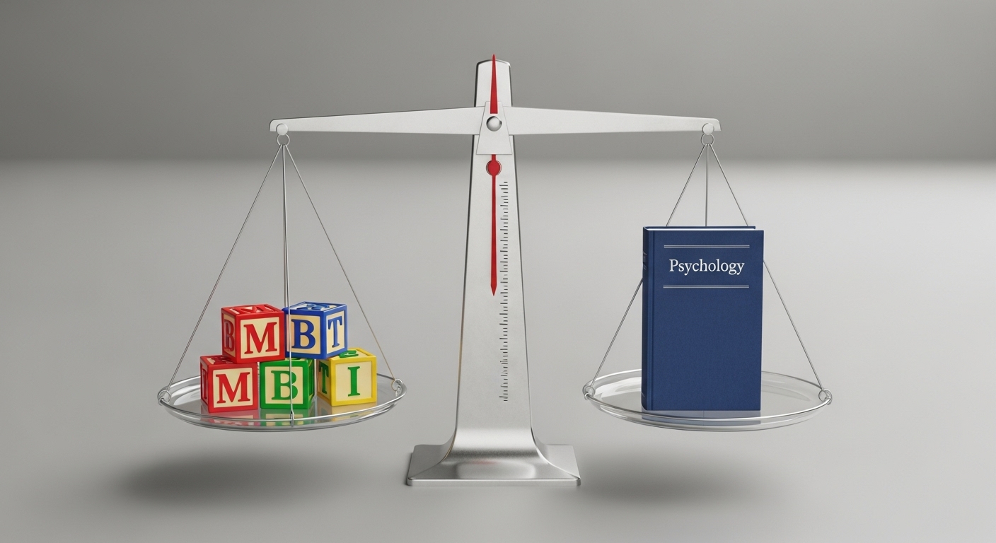 MBTI의 재미와 심리학적 사실 사이의 균형을 잡고 있는 저울. MBTI를 맹신하지도, 불신하지도 않는 현명한 활용법의 중요성을 상징한다.