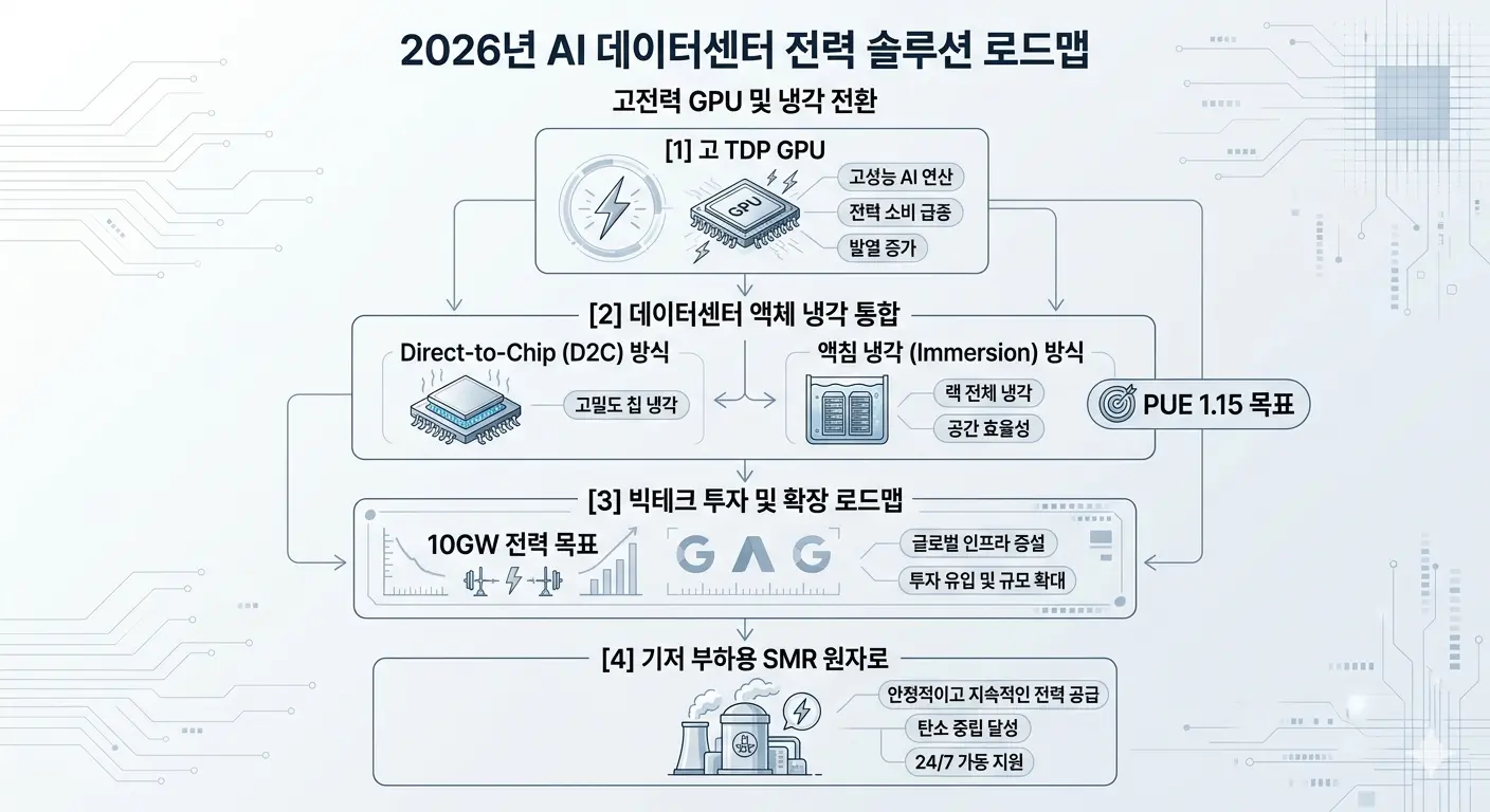 Liquid cooling Direct-to-Chip Immersion and SMR small modular reactor solution for AI data center power crisis 2026, PUE 1.15 target, big tech investment