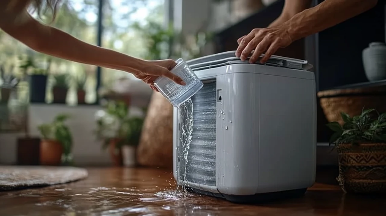 사용자가 습한 환경에서 이동식 에어컨의 물탱크를 비우는 모습으로, 부지런한 작업 수행의 디테일이 드러나며 세련된 실내가 돋보입니다.