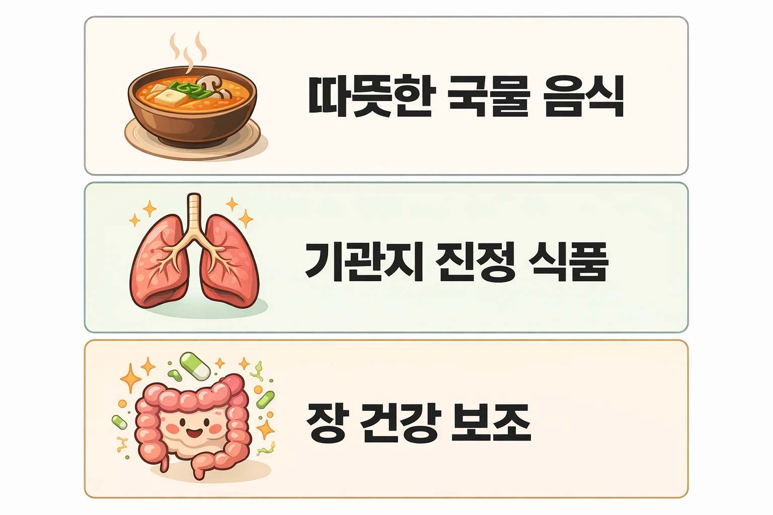 감기에 좋은 따뜻한 국물 음식과 기관지 진정 식품, 장 건강 보조 음식의 효과 차이를 소개한 인포그래픽