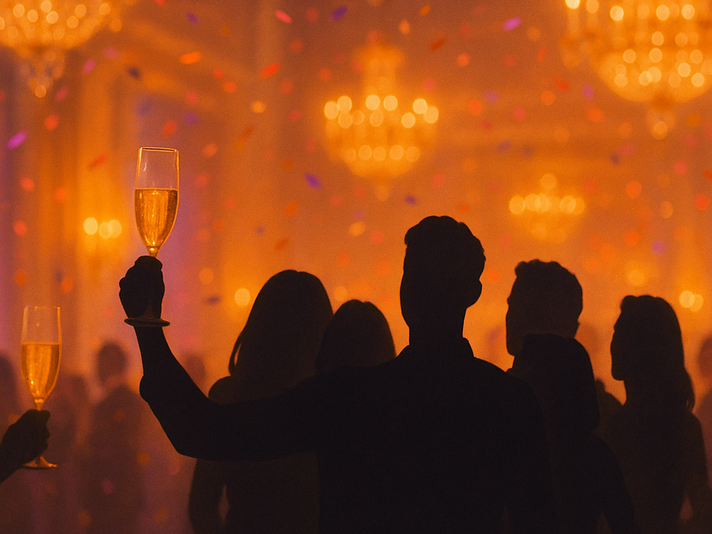 황금빛 샹들리에와 컨페티가 있는 실내 파티장에서 4~5명의 셀럽 실루엣이 샴페인을 들고 휴대폰으로 셀피를 찍는 장면