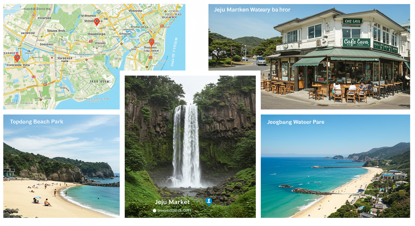탑동해변공원, 카페라바, 정방폭포, 세화해변 등 제주 시장 주변 관광지와 카페.