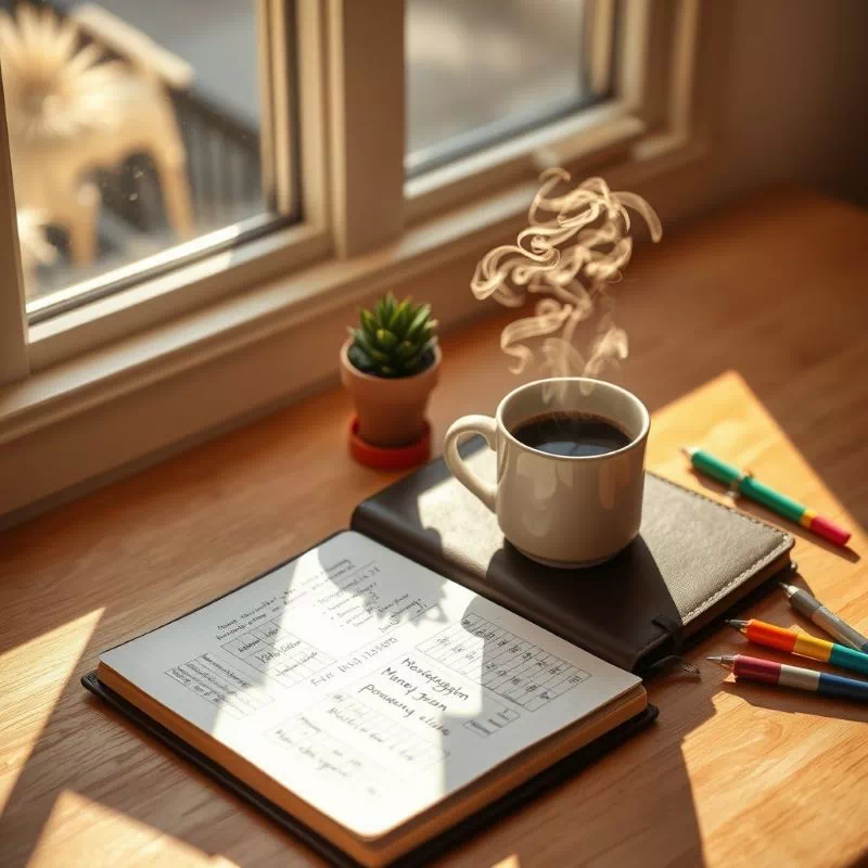 햇살이 드는 창가 책상 위에 놓인 커피와 돈 관리 계획이 적힌 다이어리