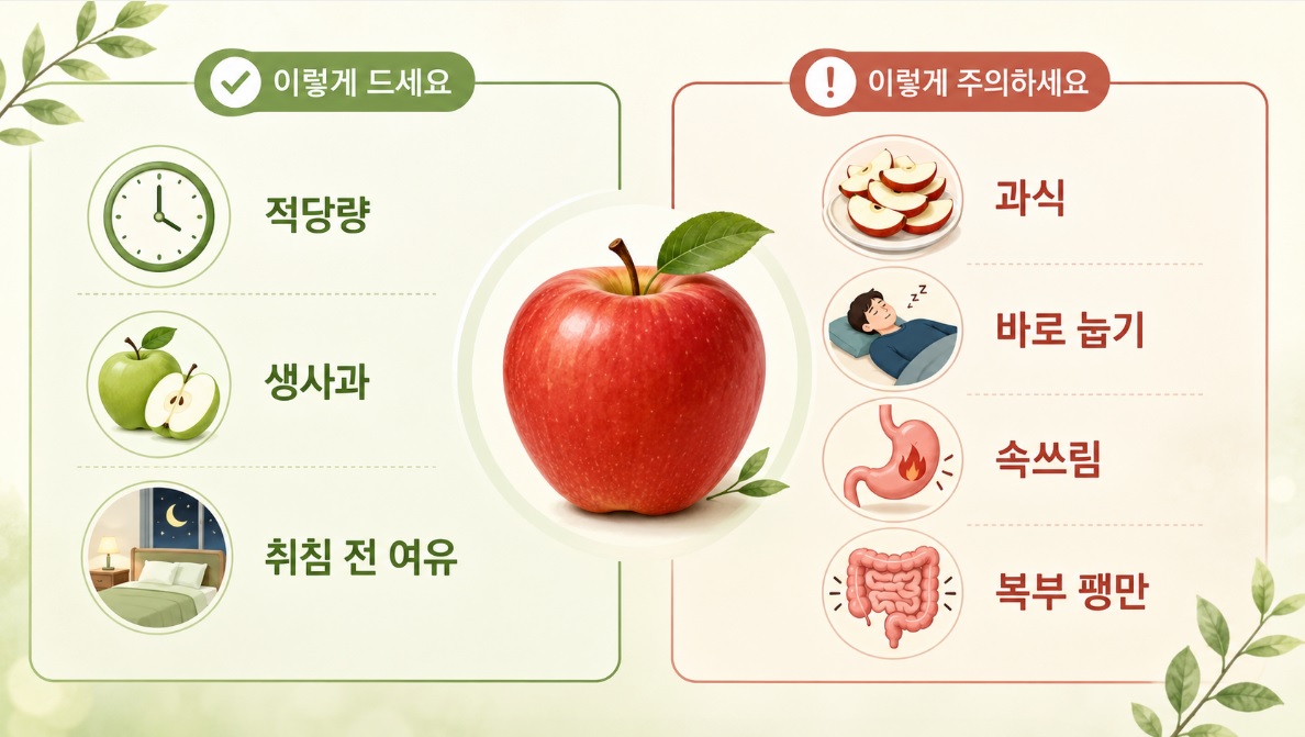 저녁 사과를 먹을 때 확인할 취침 시간과 속쓰림, 복부 팽만을 나타낸 건강 인포그래픽