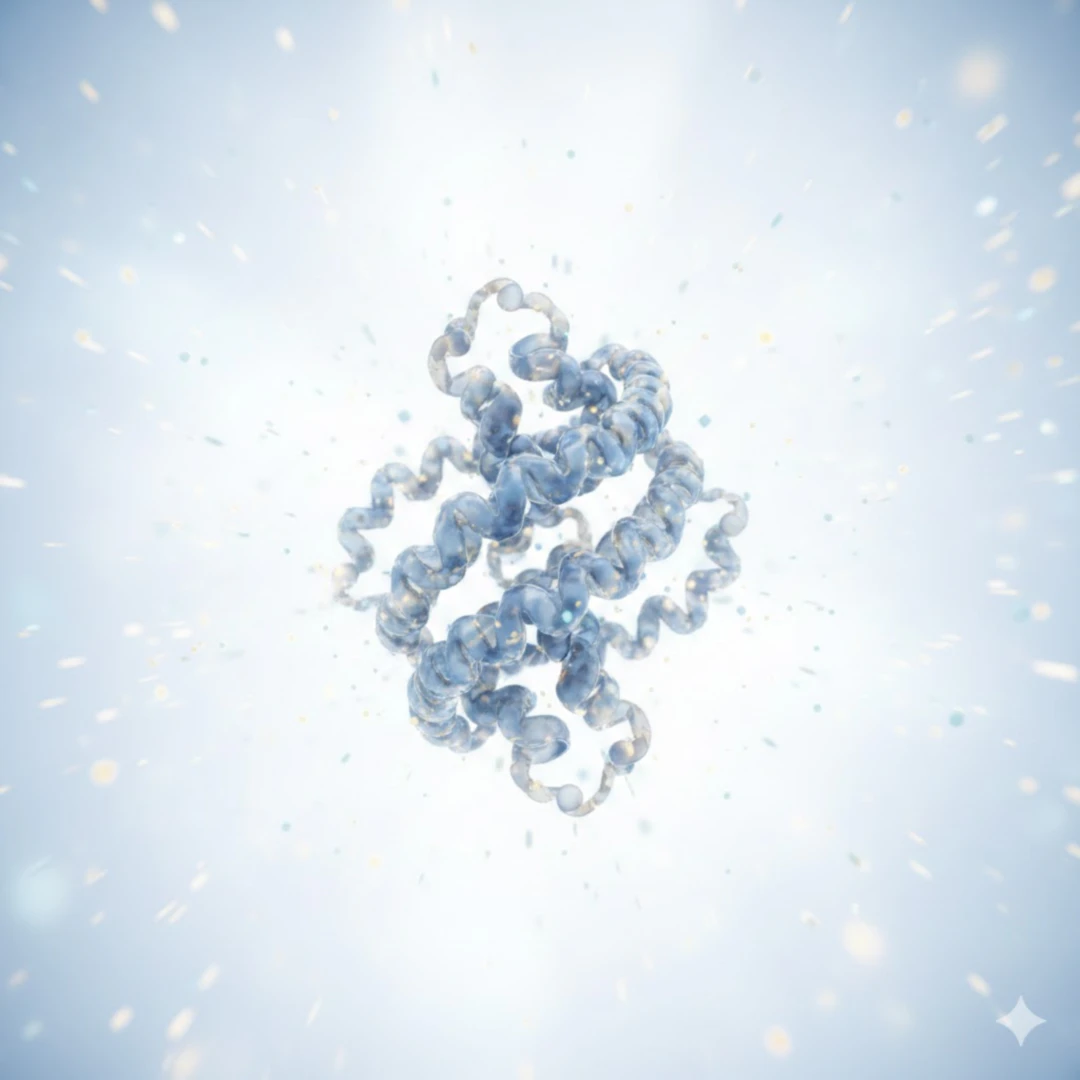 육각형 또는 나선형 구조가 반복되는 알부민 단백질의 3D 분자 모델을 밝은 배경에 배치합니다. 주위에 미세하게 빛나는 입자들이 떠다니는 효과를 주어 생명력을 표현합니다. 