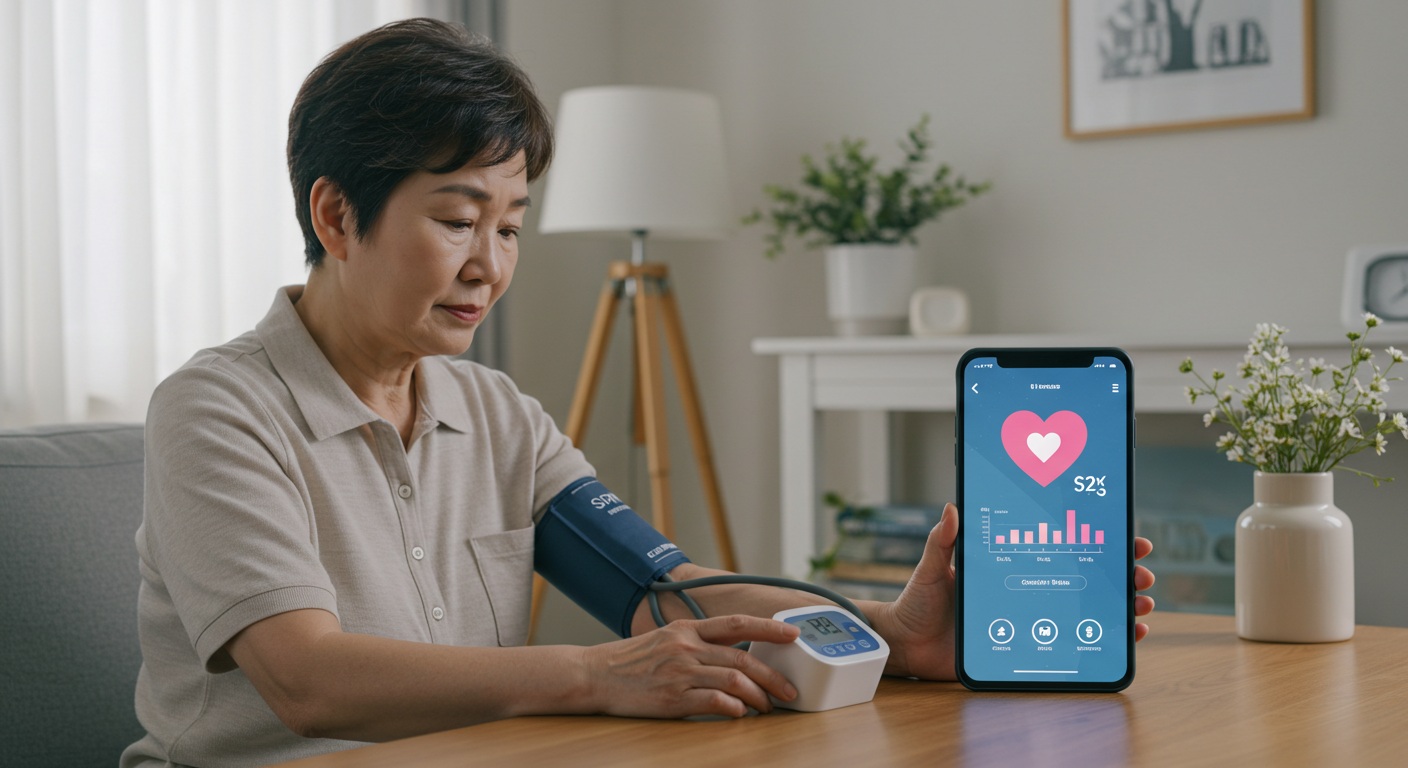 혈압 측정하는 중년 남성과 건강 포인트 적립 어플을 보여주는 스마트폰