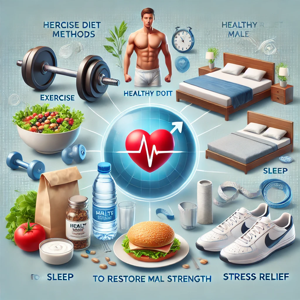 "운동, 식단, 수면, 스트레스 관리, 수분 섭취로 남성 정력을 회복하는 다이어트 방법"