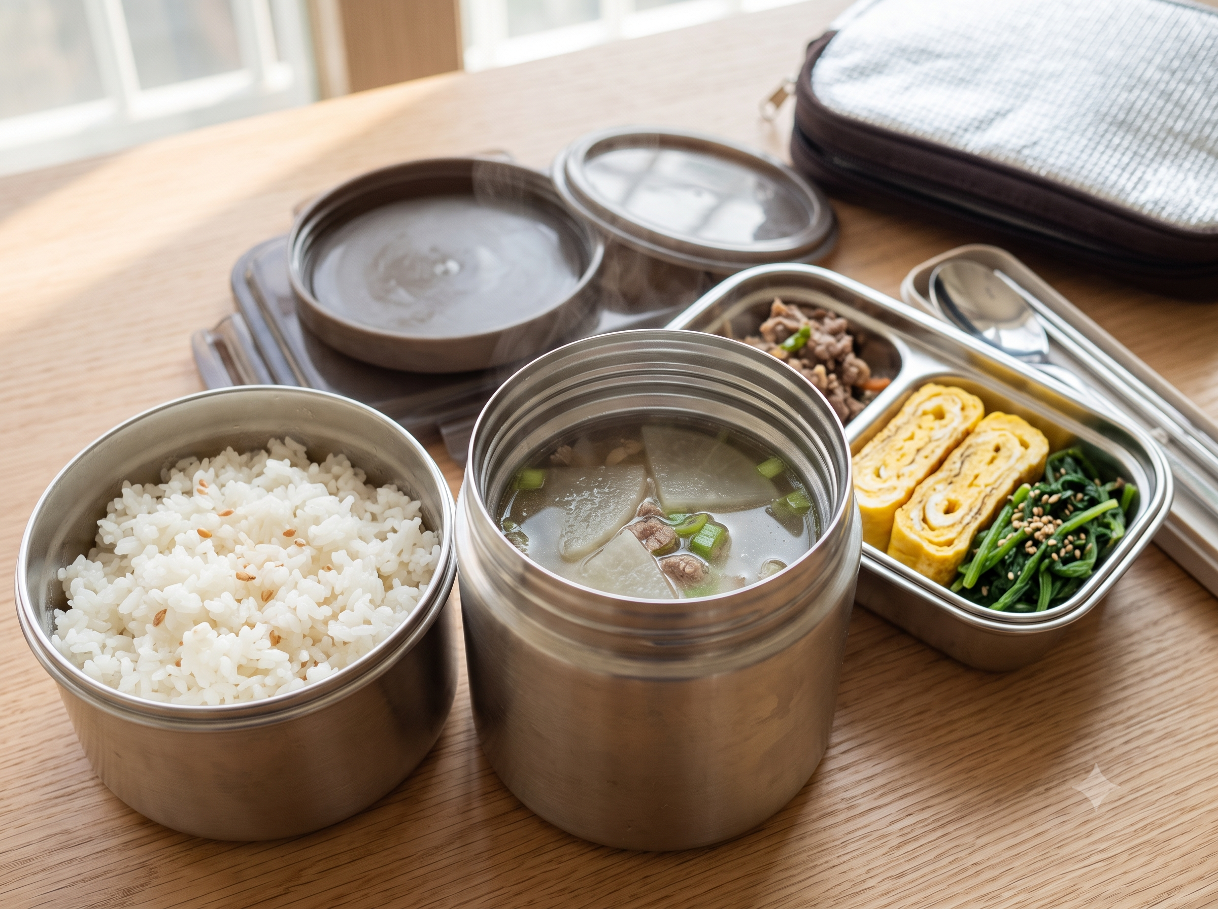 흰밥 + 맑은 소고기뭇국 + 계란말이 + 시금치나물