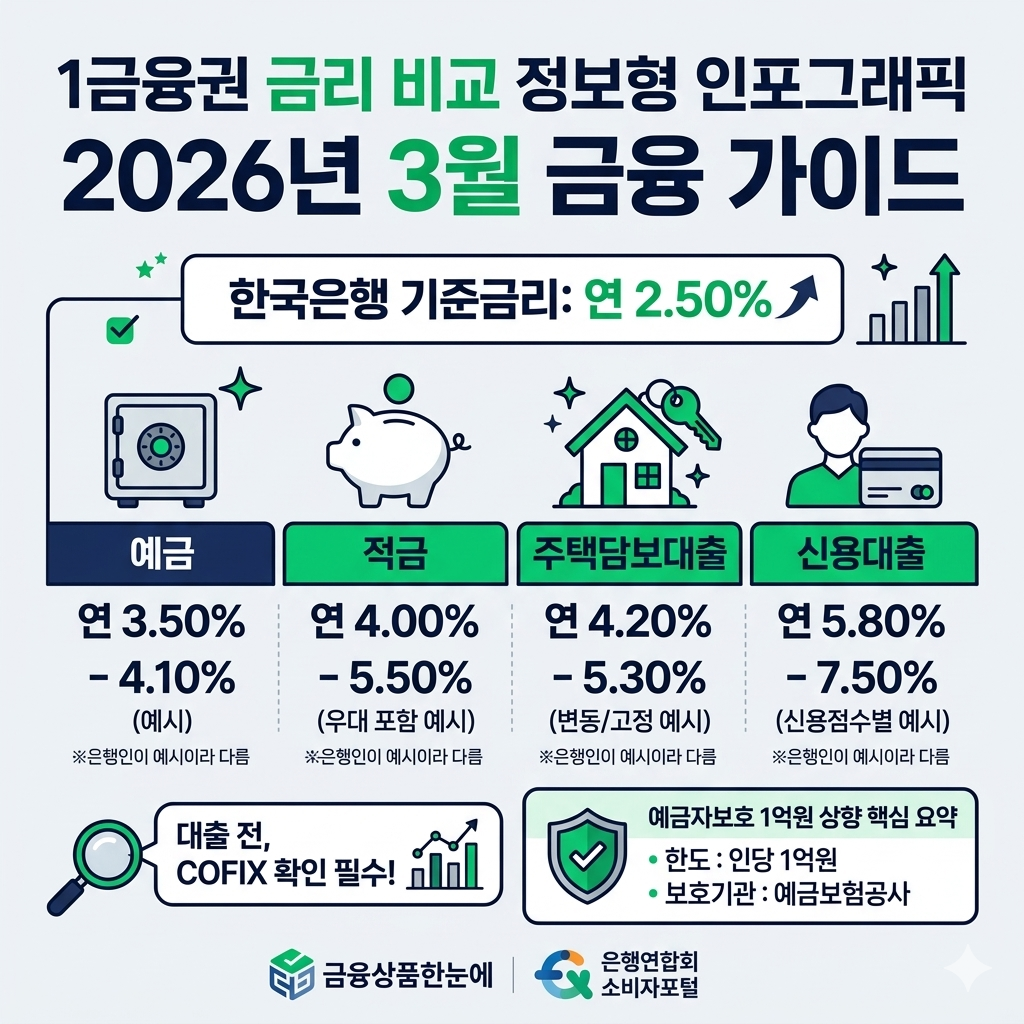 1금융권 금리 비교 방법 총정리|예금·적금·주담대·신용대출 공식 조회법 인포그래픽