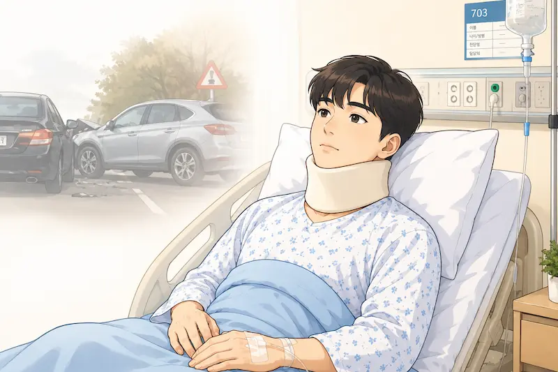 운전자보험의 개정된 자부상 특약 보장과 청구 서류 그리고 보험료 할증 여부에 대해 생각 중인 교통사고 환자의 병실 이미지