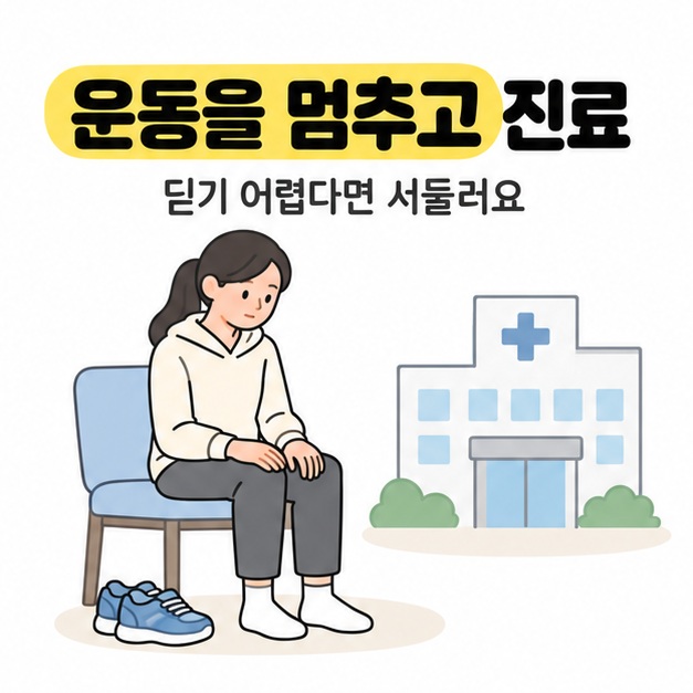 운동을 멈추고 진료받으라는 안내 아래 운동화를 벗고 앉은 여성과 병원 건물을 그린 그림