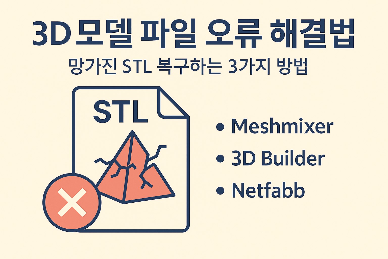 STL 파일 복구 과정을 설명하는 플랫 스타일 인포그래픽