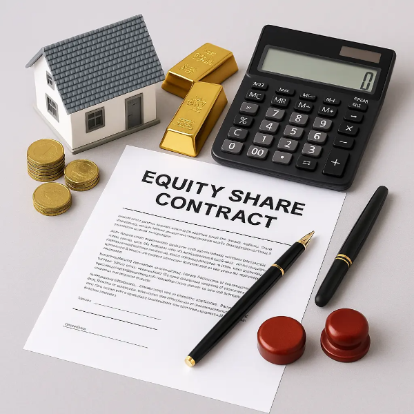 자기자금 10%로 내 집 마련 혁명을 외치는 젊은 한국인 여성, 배경에 도시와 집 일러스트, '2025년 내 집 마련 혁명! 자기자금 10%로 시작하는 지분투자' 문구 포함