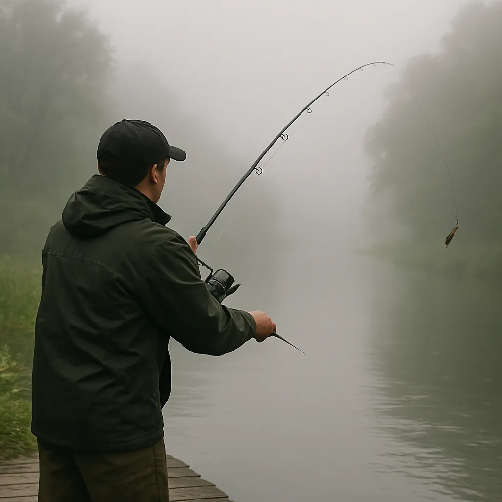 안개 낀 강가에서 루어를 캐스팅하는 낚시인