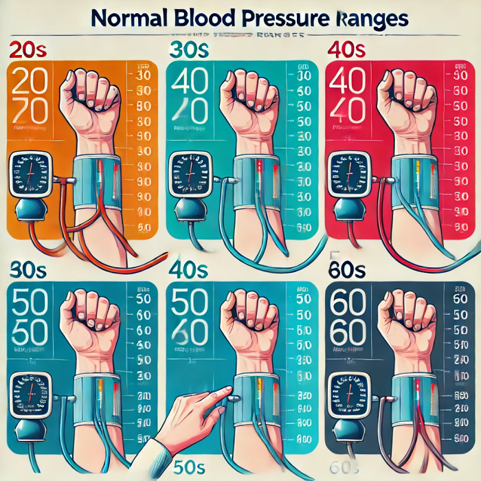 나이별 정상 혈압 범위를 보여주는 색상 차트