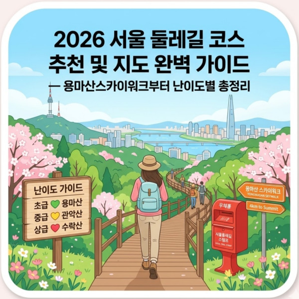 2026년 서울 둘레길 코스 추천 및 지도를 위한 이미지. 화창한 봄날 벚꽃이 만개한 산책로를 걷는 등산객과 '용마산 스카이워크' 안내판, 빨간색 '서울둘레길 스탬프' 우체통이 있으며, 멀리 서울 도심 전경이 내려다보이는 힐링 트레킹 풍경입니다.