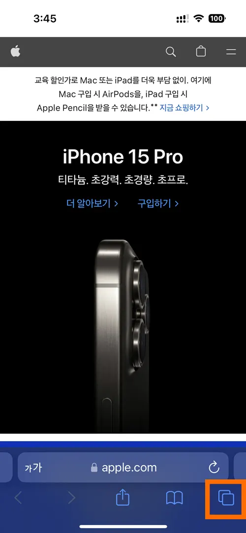 사파리로 인터넷 창을 연 상태에서 우측 하단에 있는 탭이 표시된 모습