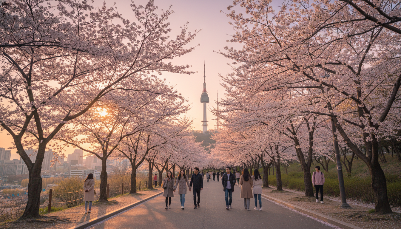 2026년 4월, 서울 남산공원 순환도로에 벚꽃이 만개한 모습. 벚꽃길 위로 N서울타워가 보이며, 따뜻한 오후 햇살이 비춘다.