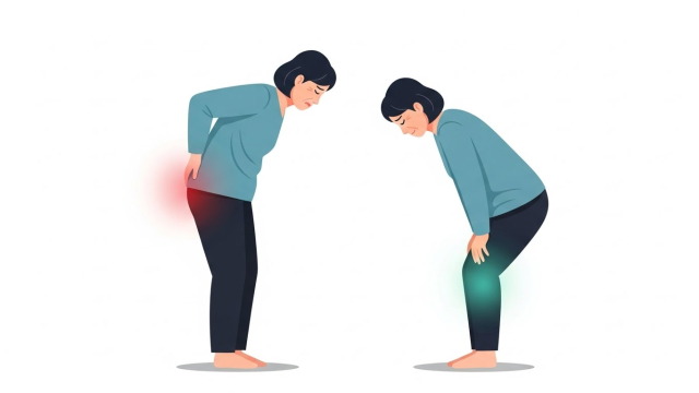 허리를 펴면 악화, 굽히면 완화” 패턴을 간단한 그래픽으로 보여주는 이미지