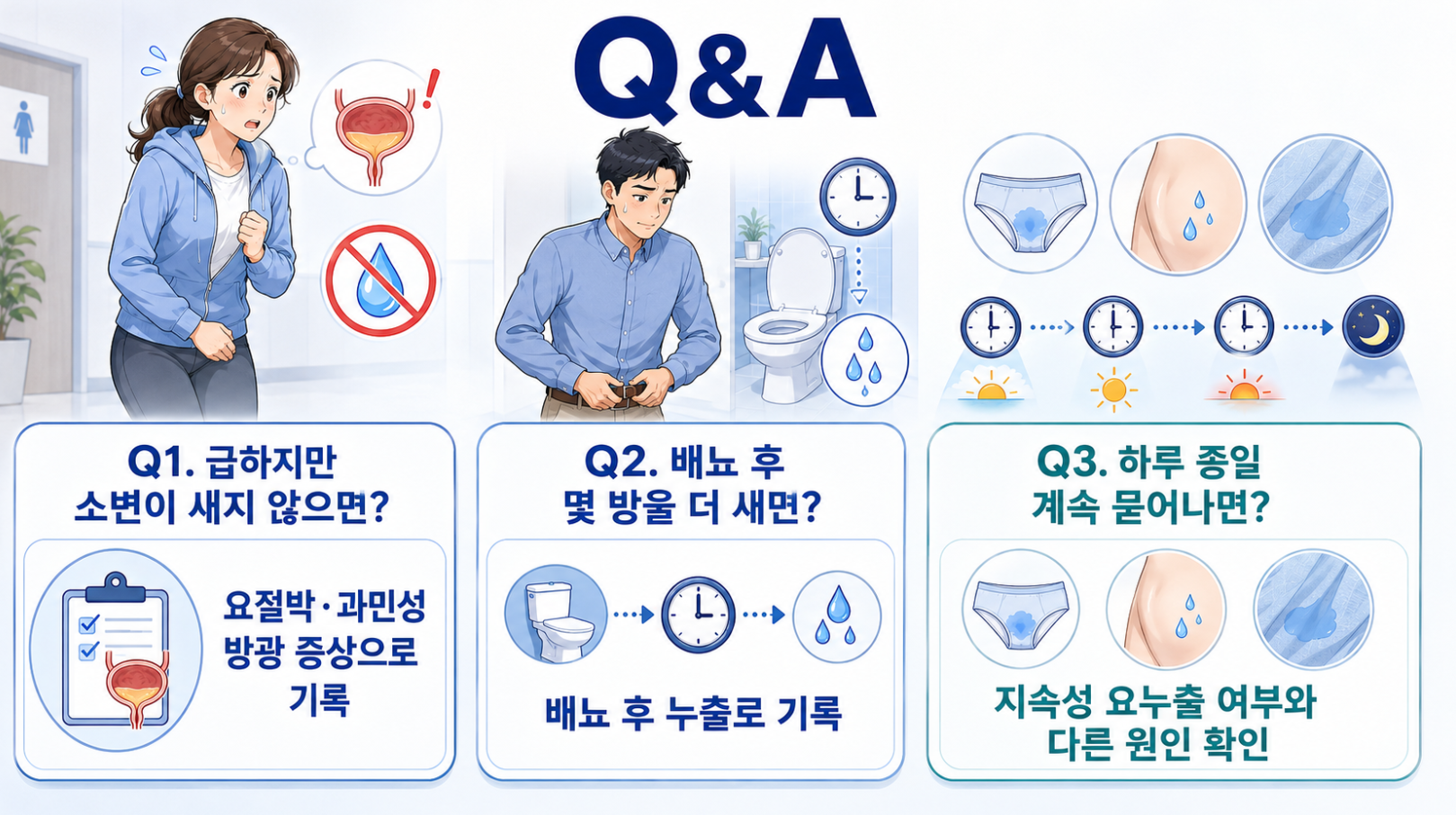 요절박만 있는 경우&middot;배뇨 후 몇 방울 새는 경우&middot;하루 종일 계속 묻어나는 경우를 정리한 요실금 Q&amp;A